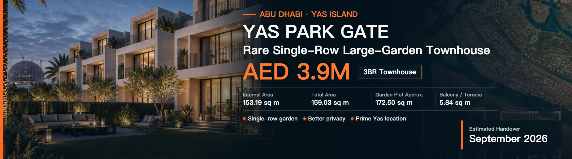 Yas Park Gate 3-bedroom single-row large-garden townhouse on Yas Island, AED 3.9M, September 2026 handover